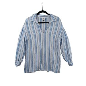 Cabi Womens Blue White Stripe Collared V Neck Linen Blend Long Sleeve Shirt  M